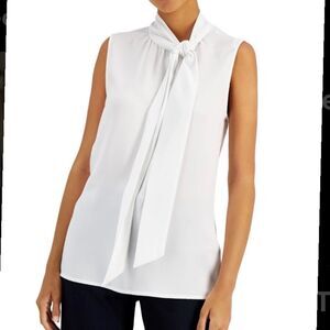 Tahari ASL White Sleeveless Tie Neck Blouse. Size Large.